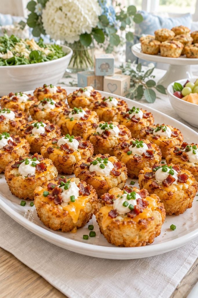 Baby shower finger food: mini loaded tater tot cups topped with cheddar, bacon, and chives