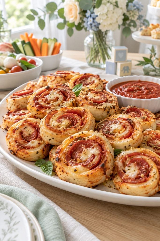 Baby shower food: pepperoni pizza roll-ups sliced into bite-sized pieces