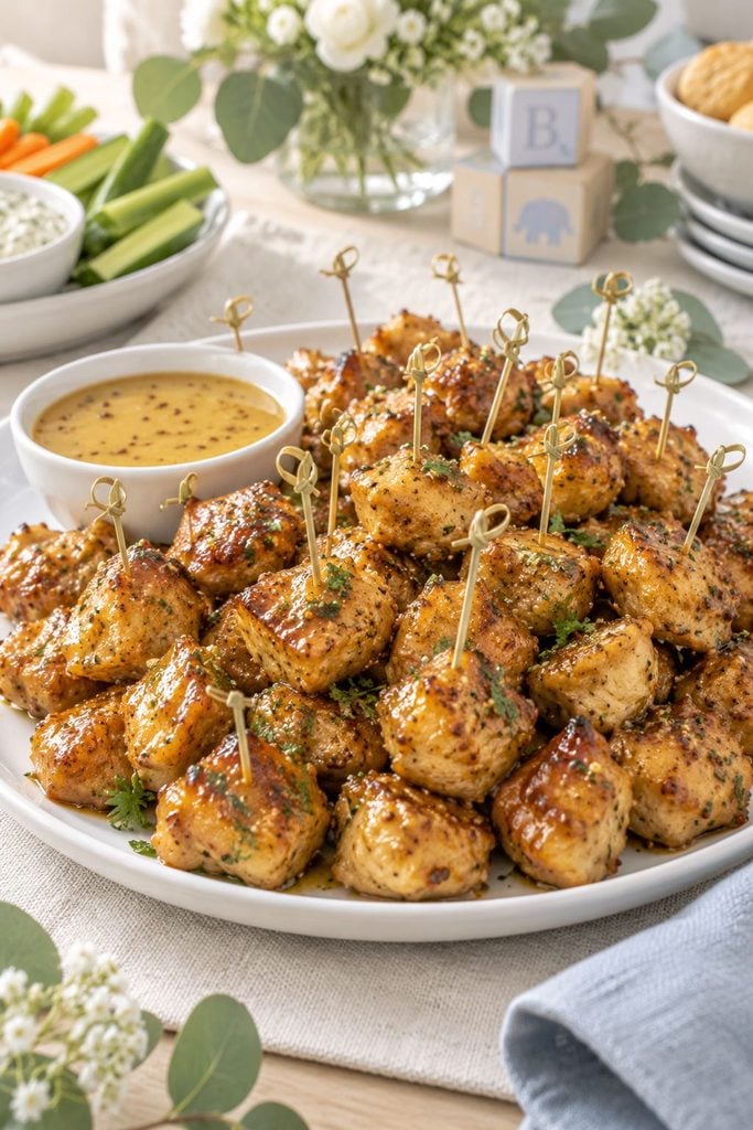 Baby shower finger food: honey mustard chicken bites served with toothpicks