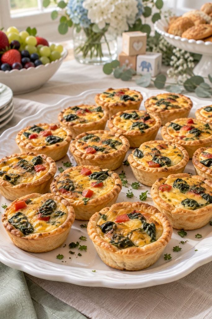 Baby shower food: golden mini quiche cups on a serving tray