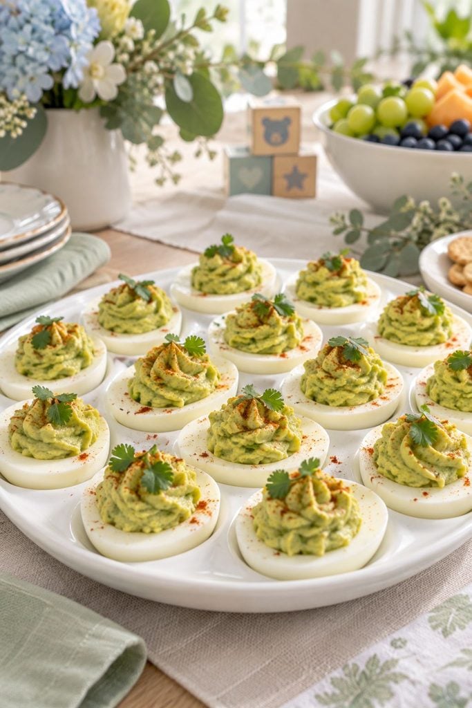 Baby shower food: guacamole deviled eggs garnished with fresh cilantro