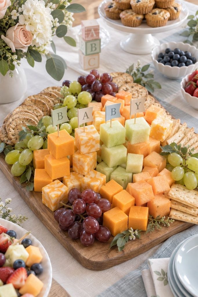 Baby shower food idea of cheddar, Colby Jack, and melon cubes stacked like alphabet blocks on a wood board