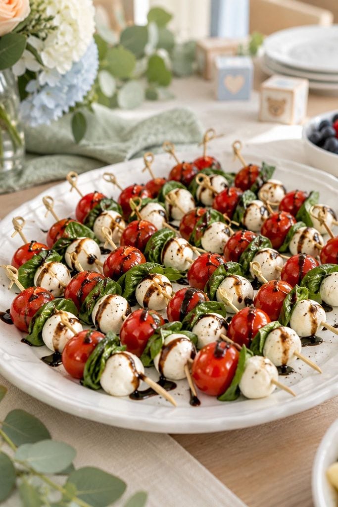 Baby shower food: caprese skewers with cherry tomatoes, mozzarella pearls, and basil on a white platter