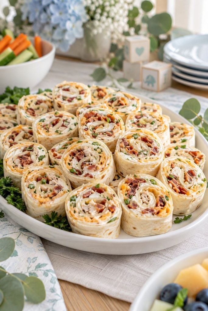 Baby shower food: ranch chicken bacon tortilla pinwheels sliced to show the spiral filling