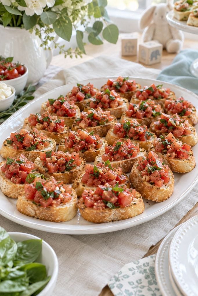 Baby shower food: tomato basil bruschetta on toasted baguette slices