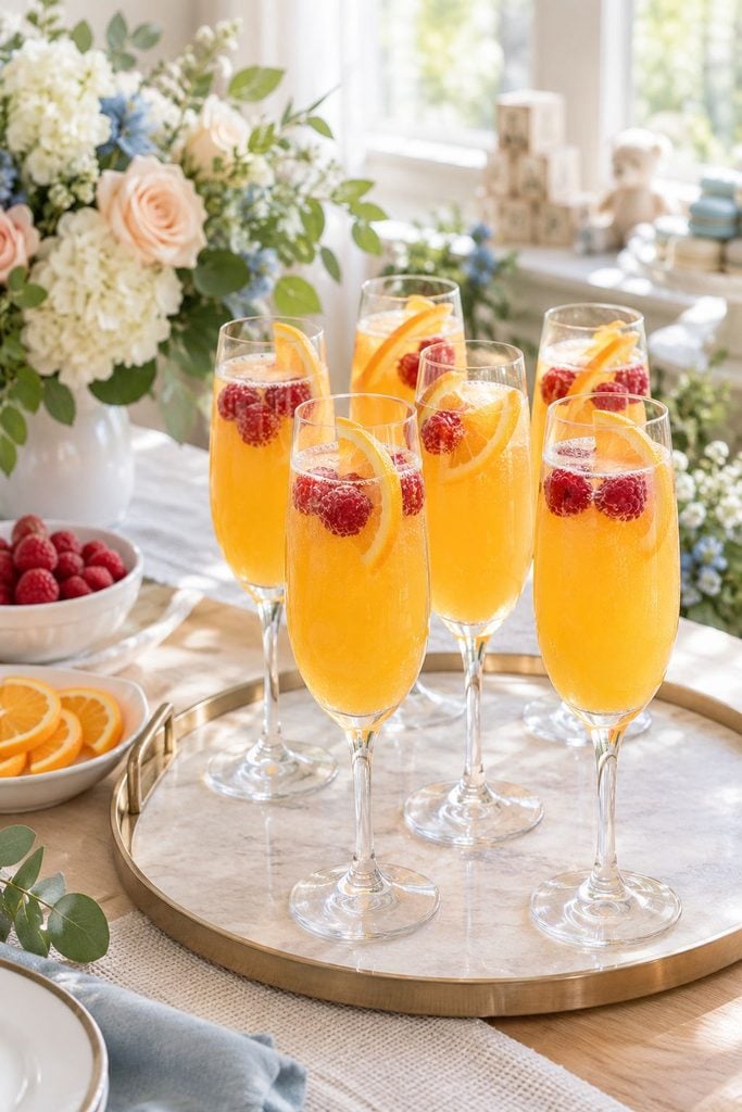 Baby shower drinks: sparkling mocktail mimosas in champagne flutes