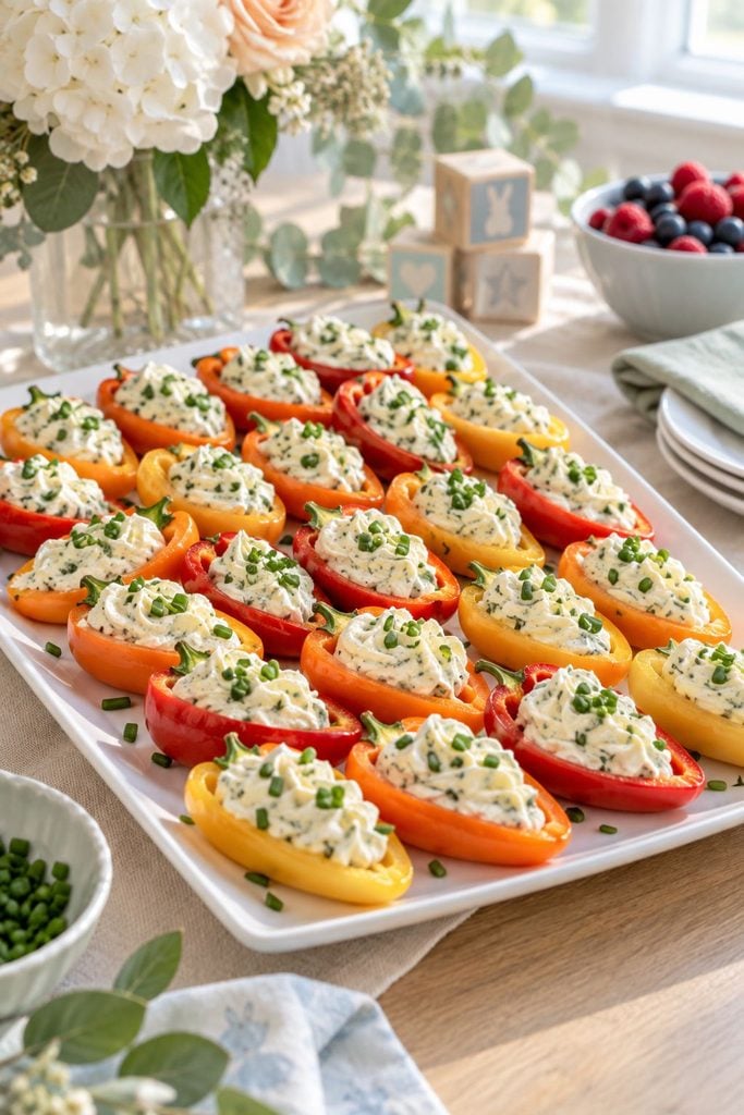 Baby shower food: red, orange, and yellow mini peppers stuffed with cream cheese
