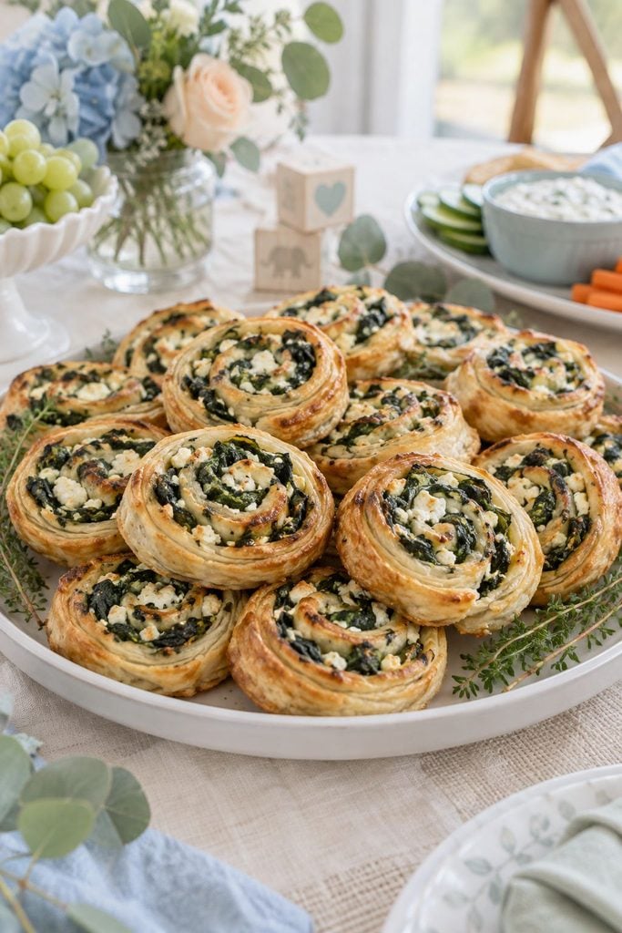 Baby shower finger food: golden spanakopita pinwheels with spinach and feta on a platter