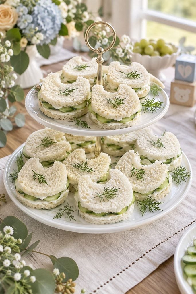 Baby shower food: bib-shaped cucumber and cream cheese tea sandwiches on a tray