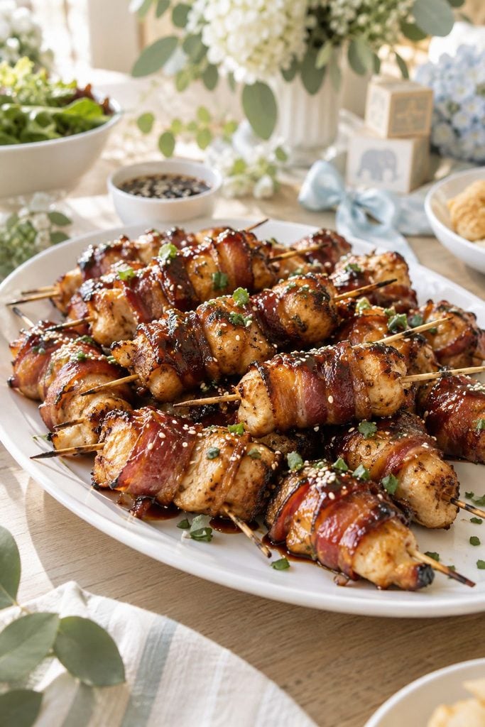 Baby shower food: bacon-wrapped teriyaki chicken skewers on a platter