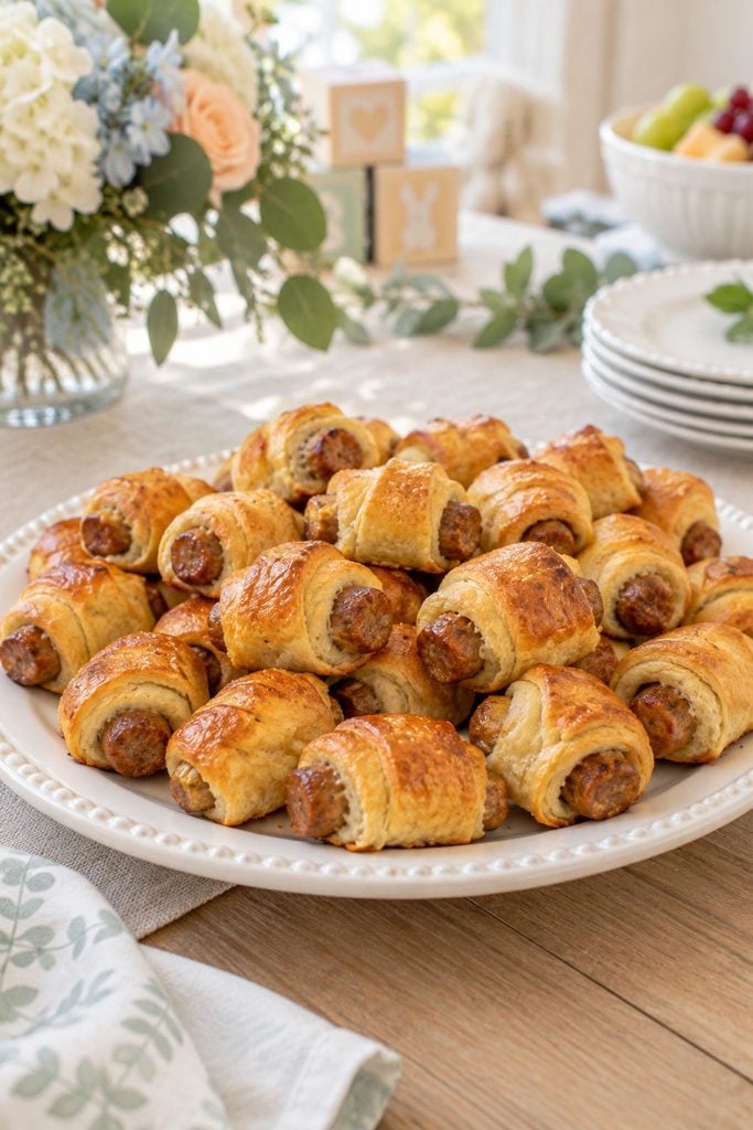 Baby shower finger food: warm sausage crescent roll bites on a serving tray