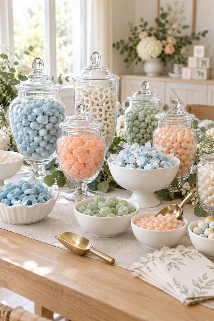 Baby shower food: DIY pastel candy bar styled on tiered trays