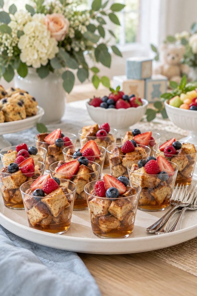 Baby shower food: French toast strips served upright with mini cups of maple syrup