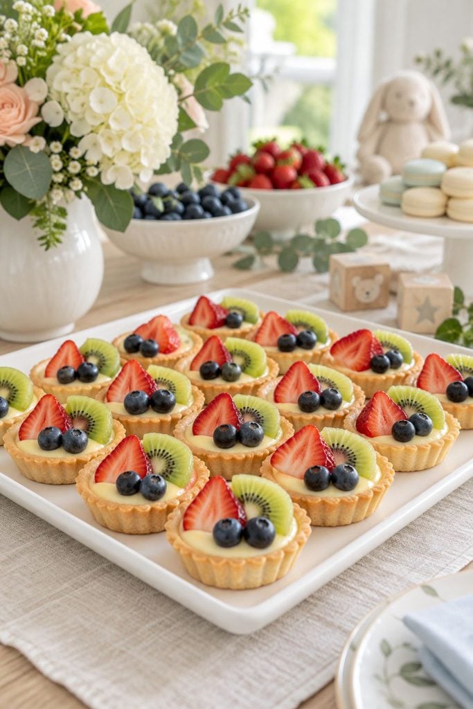Baby shower food: mini fruit tarts topped with strawberries, blueberries, and kiwi