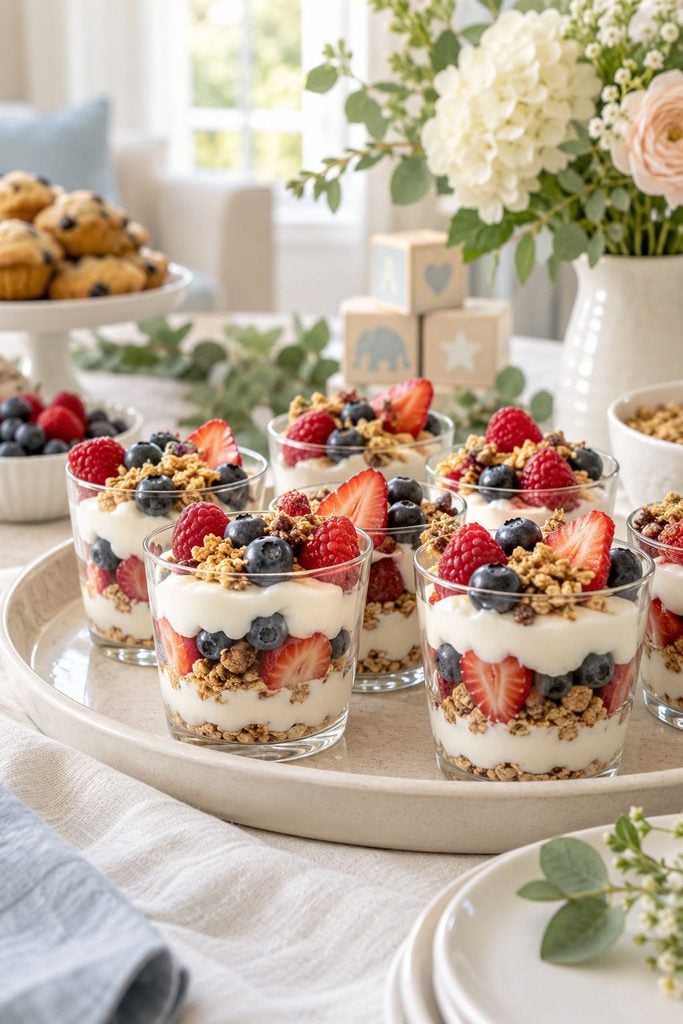 Baby shower food: yogurt and berry parfaits layered with granola in small cups