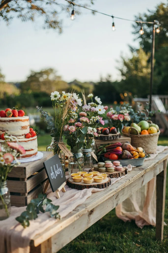 Farmhouse locally grown baby shower table with cheesecloth runner and mason jars