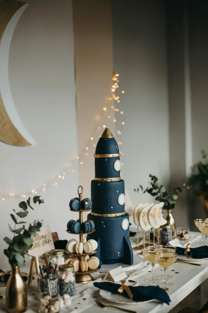 Navy and gold space baby shower dessert table with rocket ship cake