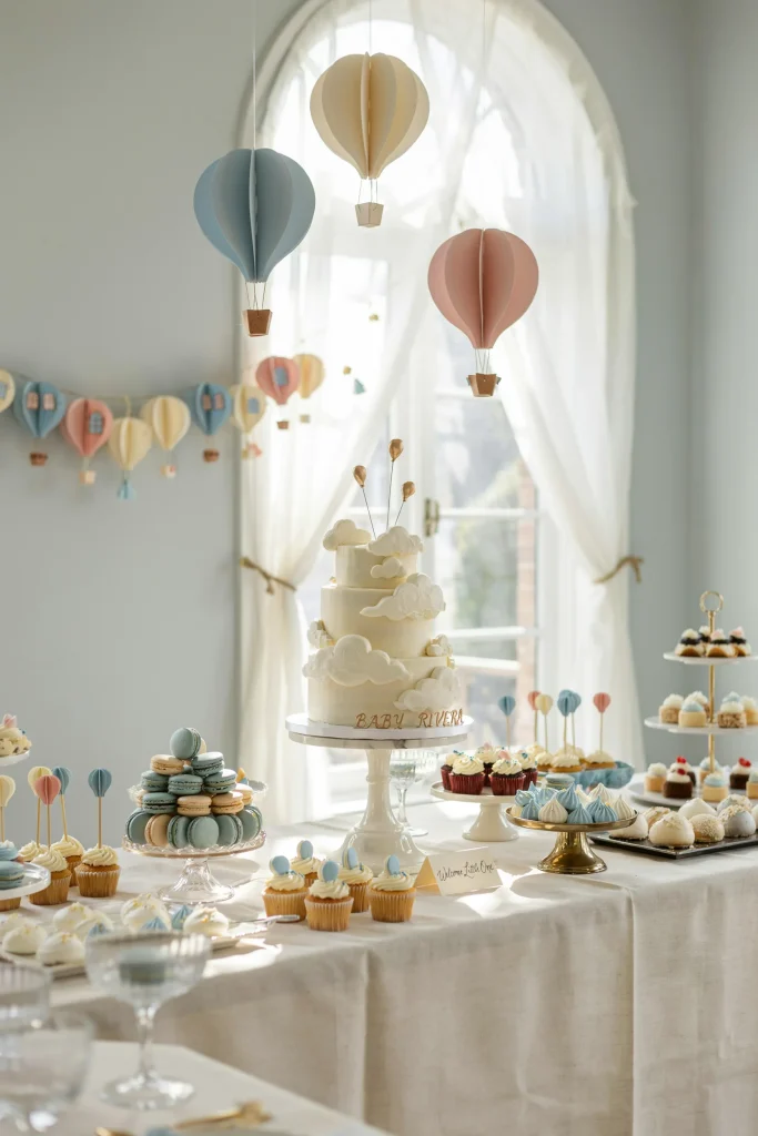 Hot air balloon baby shower dessert table with paper balloon centerpieces