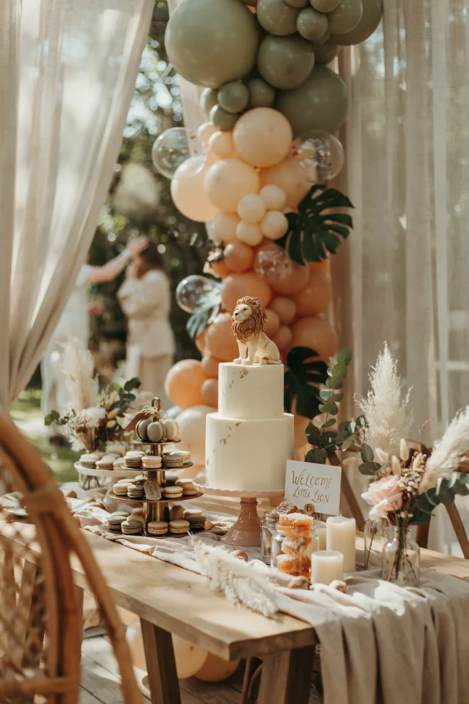 Safari baby shower dessert table with sage green jungle balloon garland