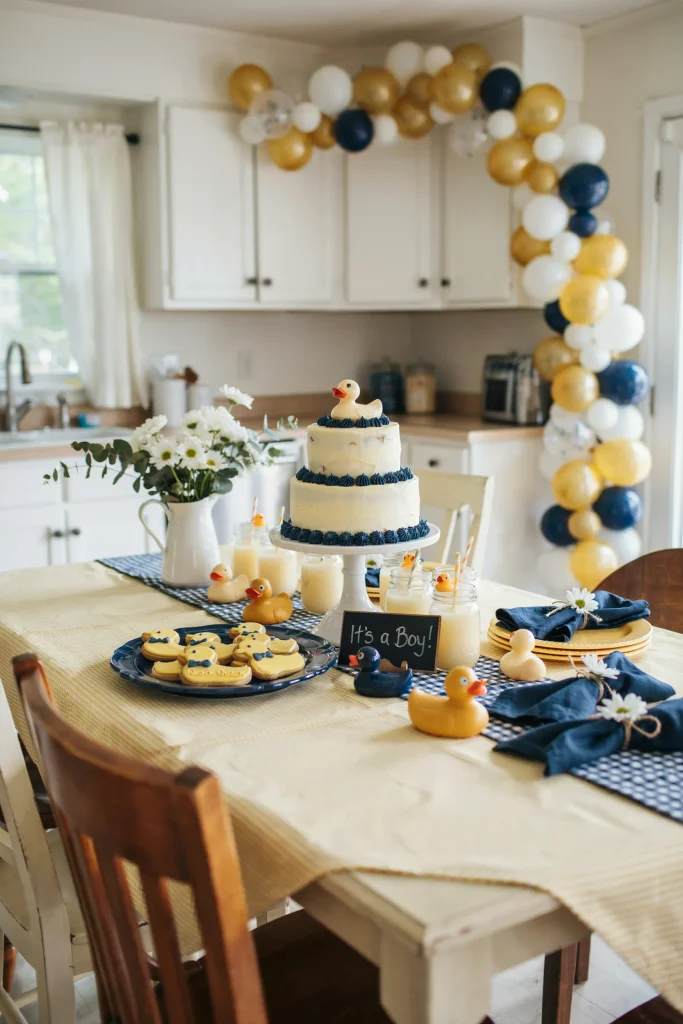 Yellow and blue rubber duck baby shower dessert table with duck favors