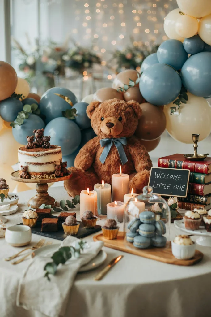 Brown and blue teddy bear baby shower dessert table with plush bear centerpiece