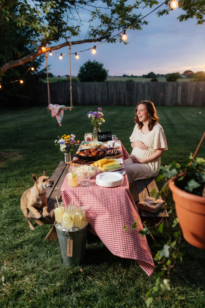 Summer baby-q baby shower dessert table with backyard cookout decor