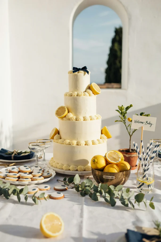 Lemon themed baby shower dessert table with citrus decor