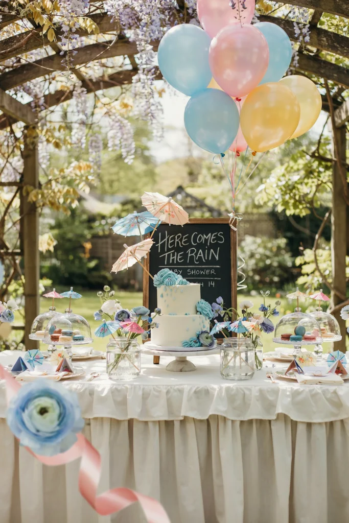 Spring umbrella baby shower dessert table with paper umbrella centerpiece