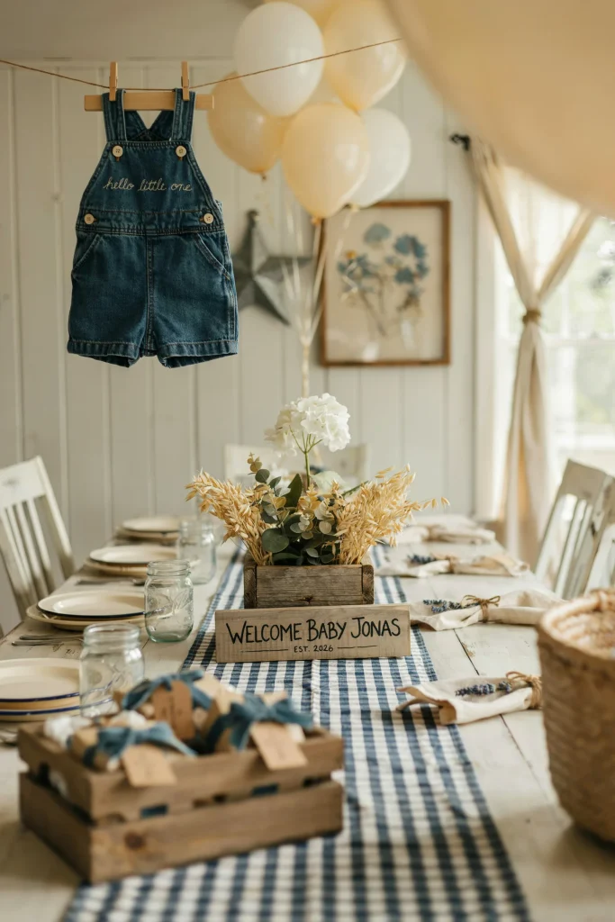 Blue jean baby shower dessert table with denim and gingham decor