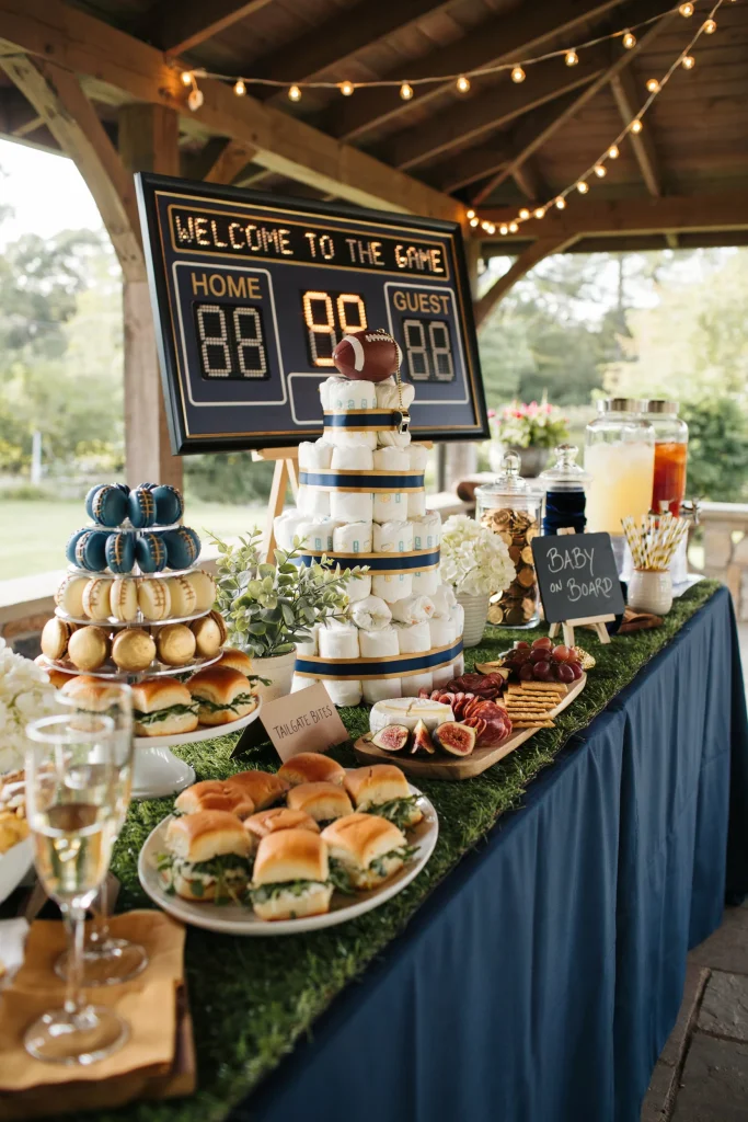Football themed baby shower dessert table with tailgate decor