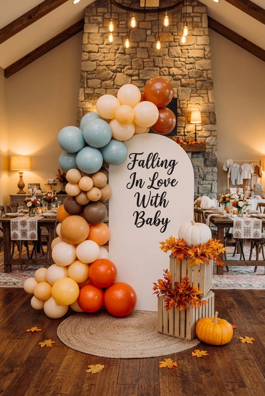 Outdoor fall baby shower welcome display against a stone wall