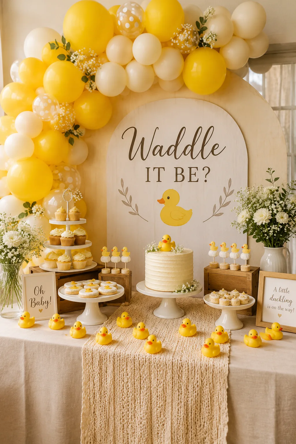 A styled dessert table with a yellow-and-cream balloon arch, mini rubber ducks scattered across a linen runner, and a "Waddle It Be?" sign. Soft, bright, joyful.