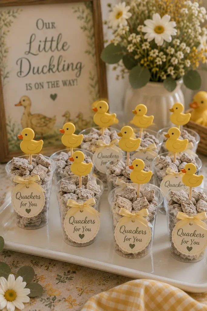 Individual clear cups of powdered muddy buddies with a duck pick and a "Quackers for You" tag