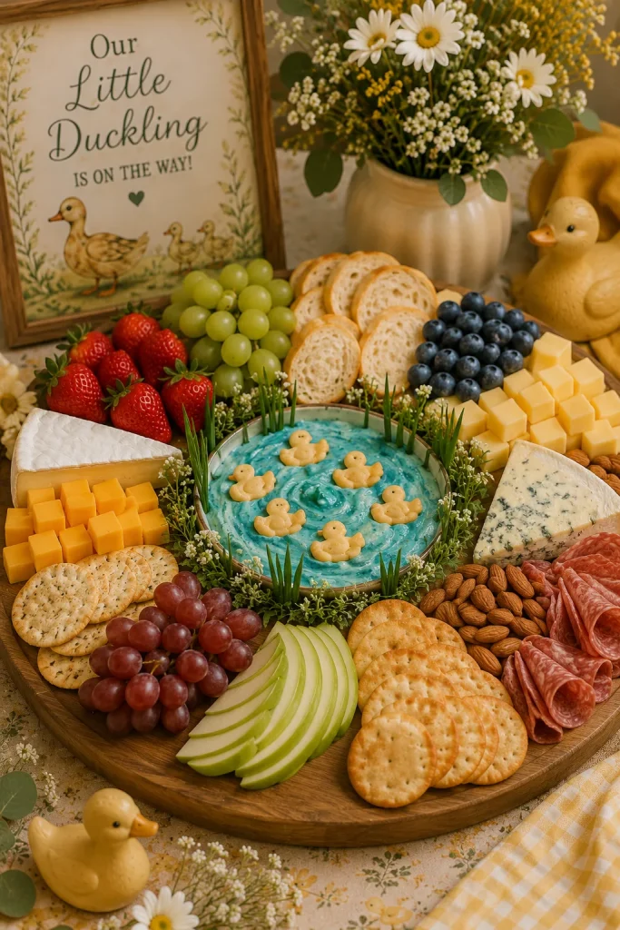 A grazing board arranged with cheeses, crackers, fruit, and a "pond" of blue dip with duck-shaped crackers
