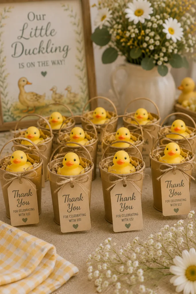 Small kraft pails each holding a mini rubber duck and a thank-you tag, lined up on a table