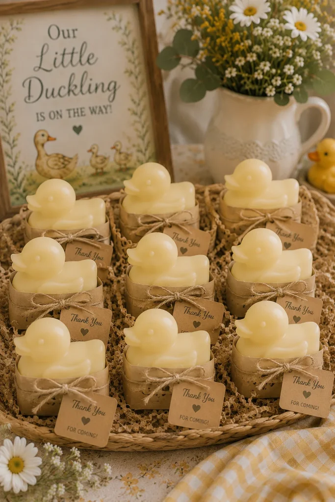 Pale yellow duck-shaped soaps wrapped in kraft paper with twine and a small tag