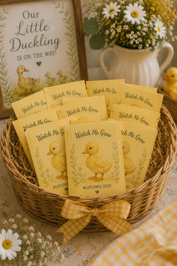 Yellow seed packets printed with a duckling illustration and "Watch Me Grow," tucked in a basket.