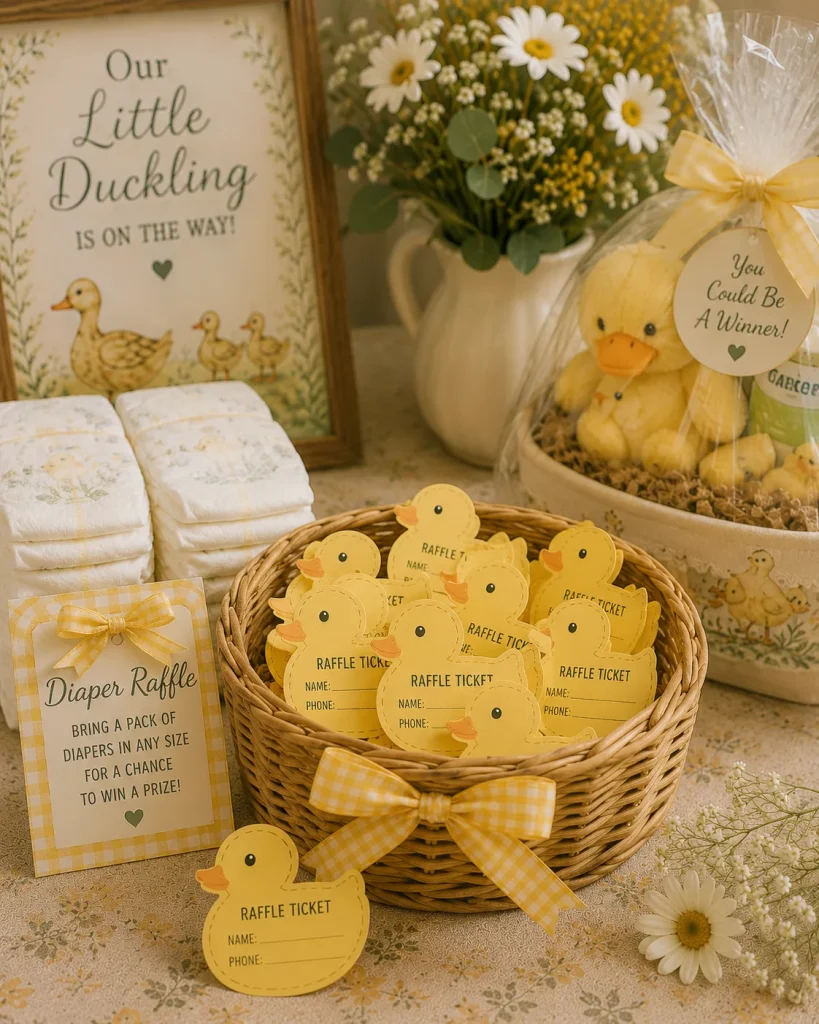 A basket of raffle tickets shaped like ducks beside a stack of diapers and a decorated prize.