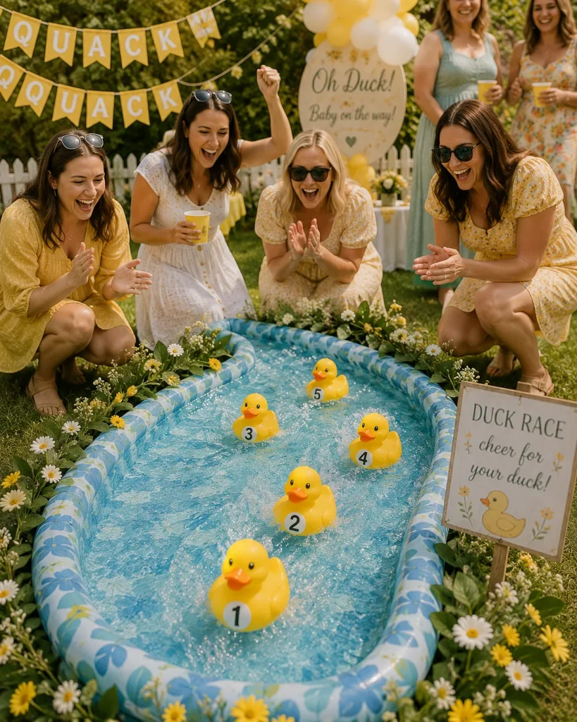 A small filled kiddie pool with numbered rubber ducks, guests cheering as they race down a gentle current.