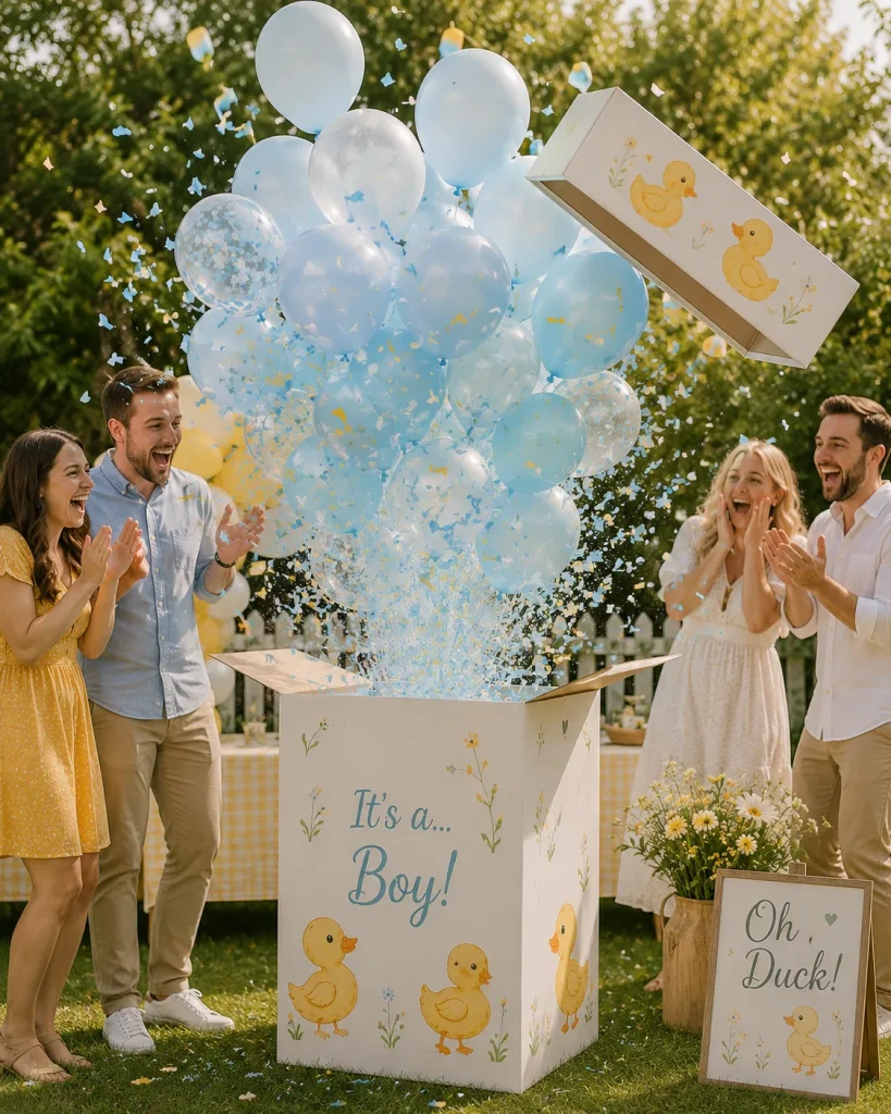 A white box printed with ducks, lid lifting to release a cloud of pink or blue balloons and confetti.