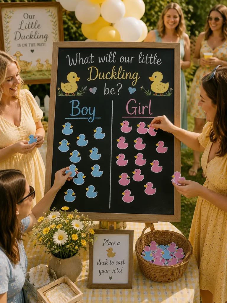 A chalkboard split into "Boy" and "Girl" columns with duck stickers, guests adding their votes.
