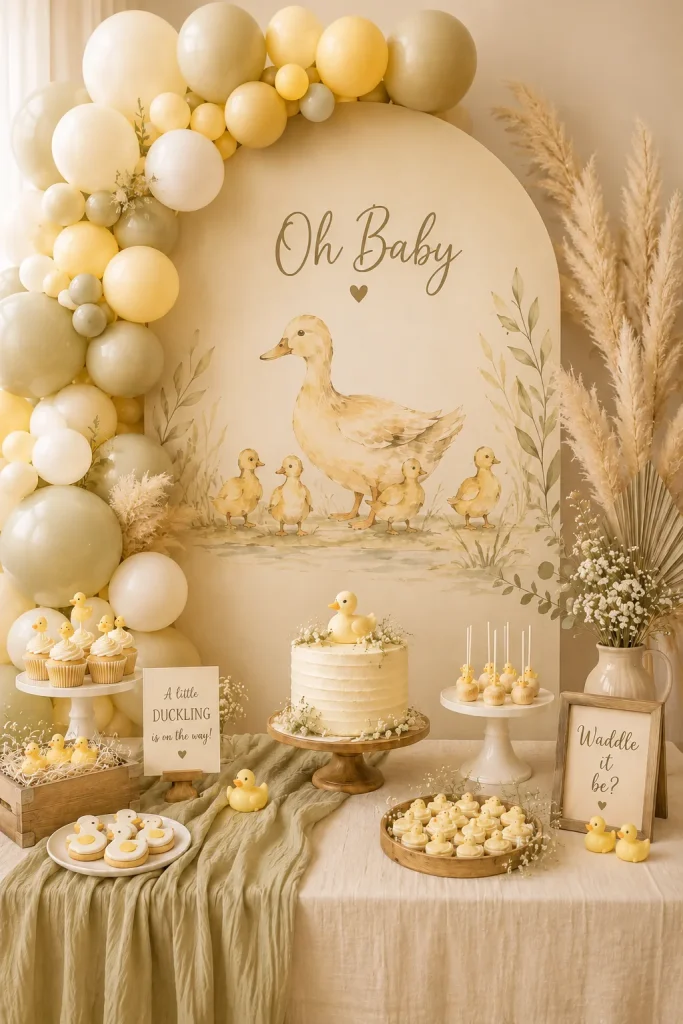 A muted backdrop in sage green and cream with a single watercolor mama duck and ducklings, plus dried pampas.