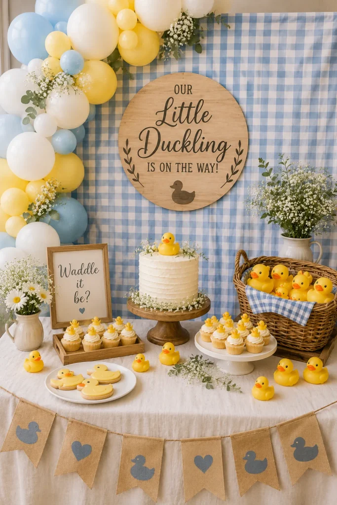 A backdrop of blue-and-white gingham fabric with a wooden "Little Duckling" sign and a wicker basket of yellow ducks.
