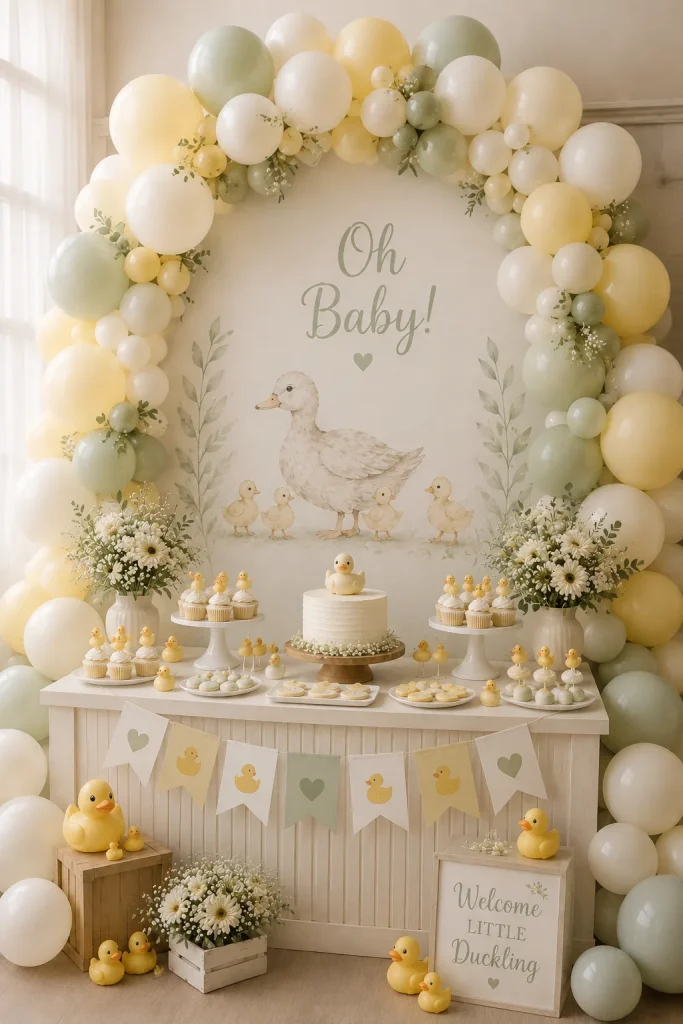 A glossy balloon arch in lemon yellow, white, and powder blue with an oversized rubber duck at the center.