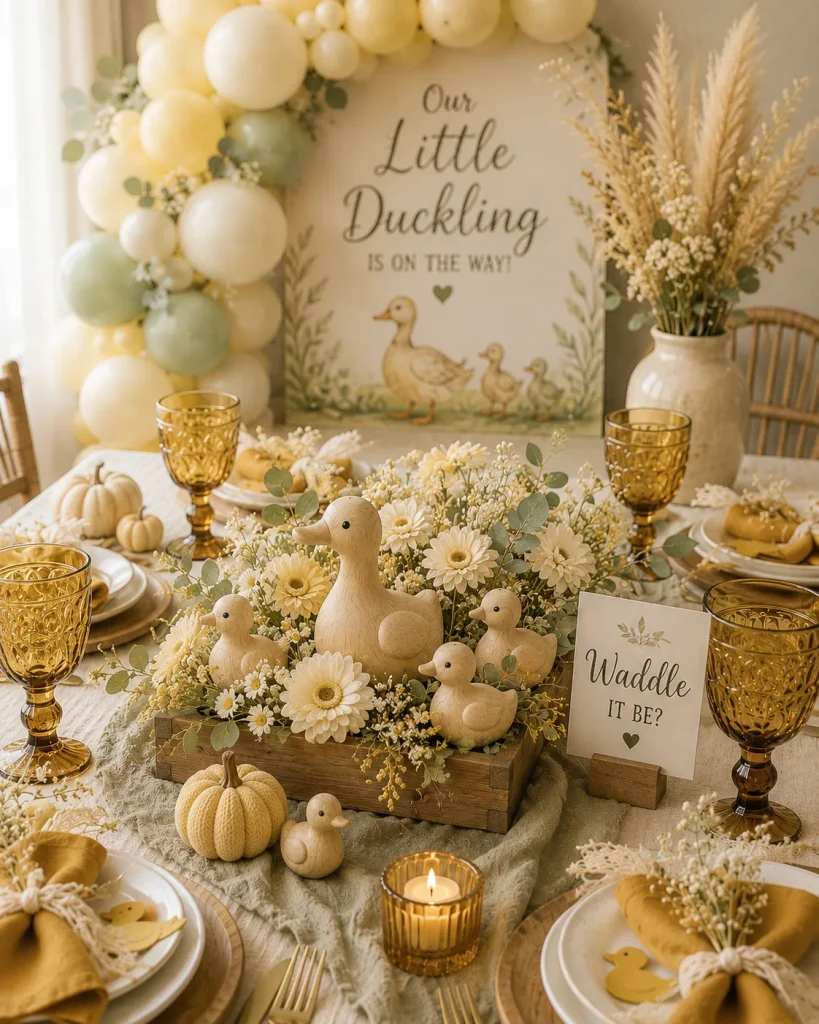A fall-toned tablescape in mustard, rust, and cream with wooden ducks, dried florals, and amber glassware