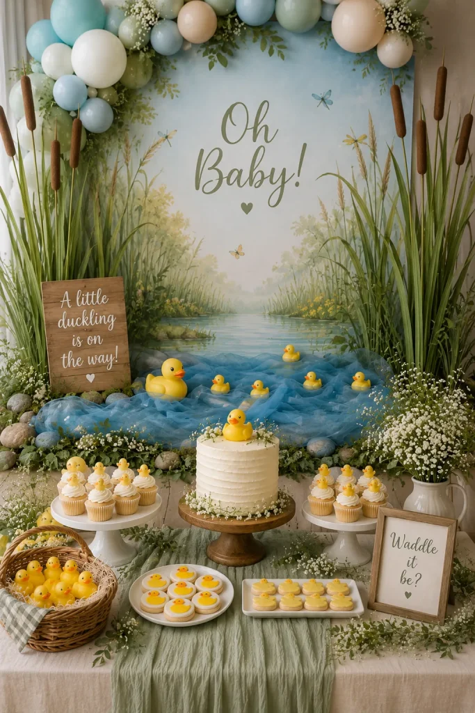 A backdrop styled like a pond edge with tall reeds, cattails, blue tulle "water," and ducks floating along the base