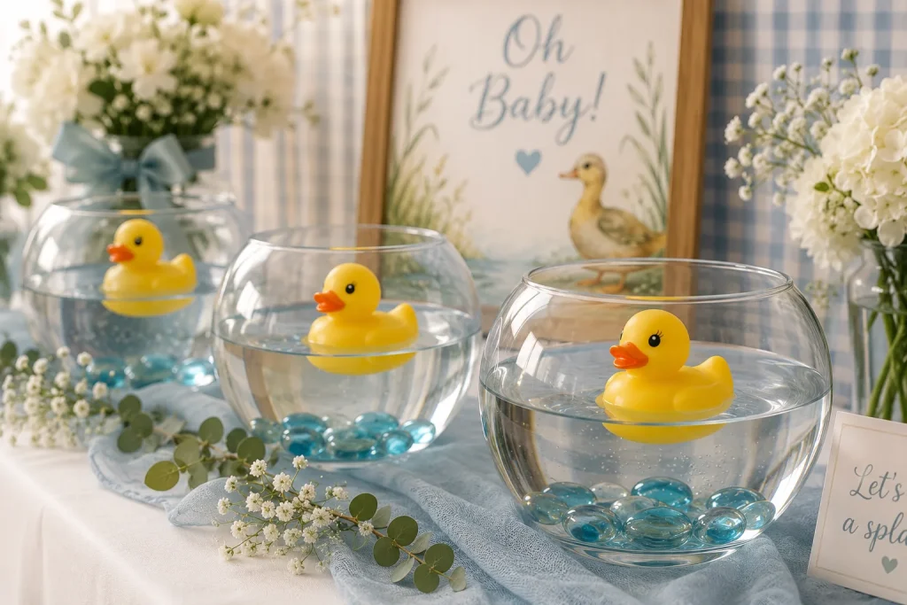 Clear glass bowls filled with water, floating rubber ducks, and a few blue glass pebbles at the base of each