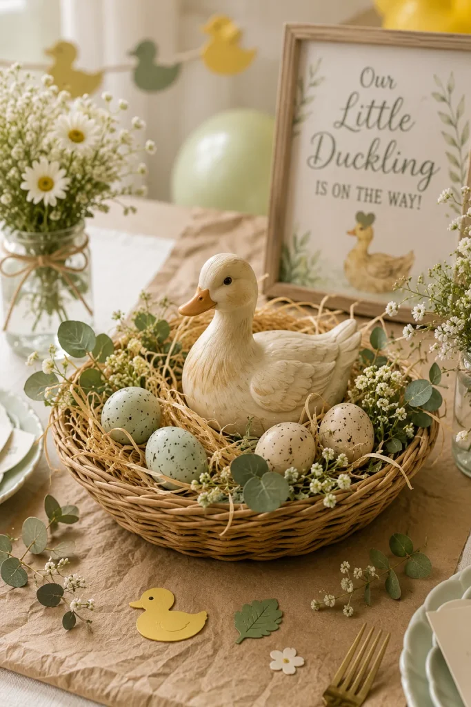 A shallow basket lined with raffia holding a mama duck figurine, speckled eggs, and greenery on a kraft-paper runner.