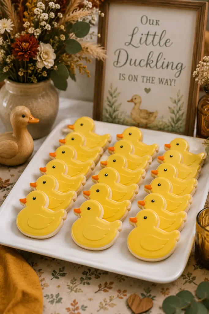 Rows of duck-shaped sugar cookies with glossy yellow royal icing and tiny orange beaks on a white platter