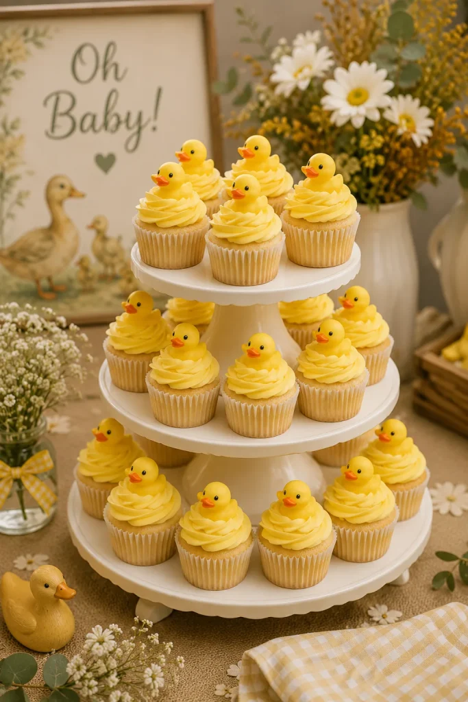 A tiered stand of cupcakes with swirled yellow frosting, each topped with a mini rubber duck.
